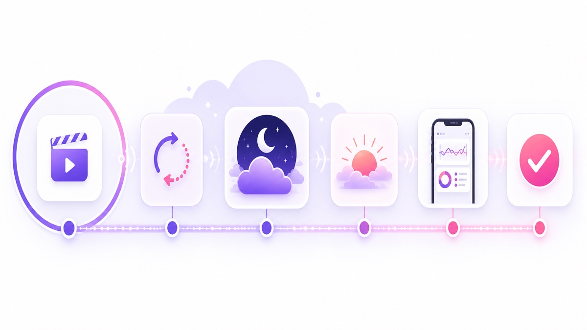 A 24-hour streaming trial timeline from upload and loop check through overnight monitoring, phone control, and clean stop