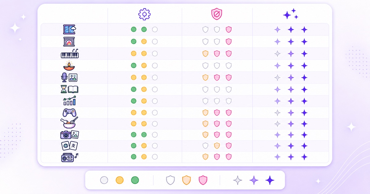 Visual matrix comparing production effort, rights exposure, and originality across faceless stream ideas