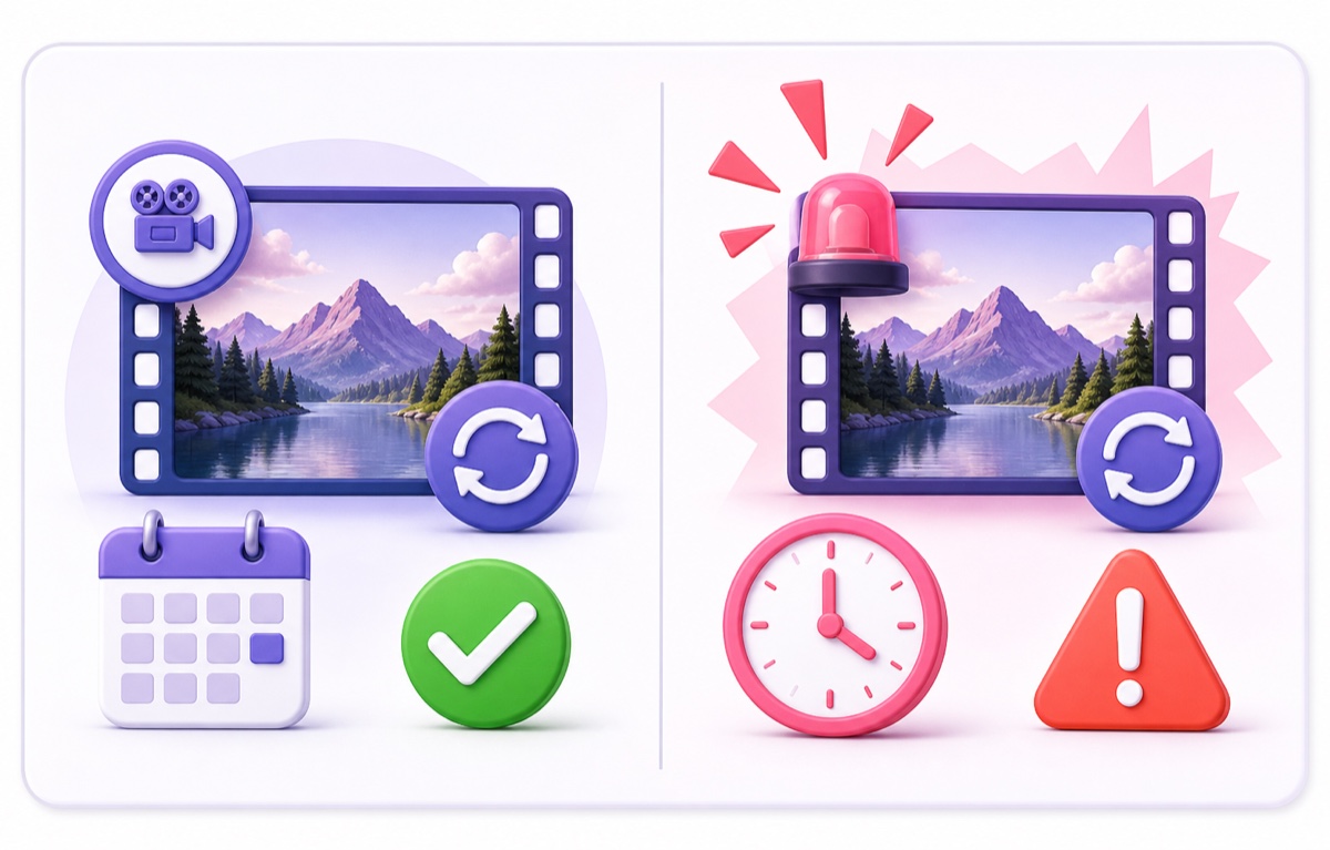 Two-panel illustration contrasting an honestly dated replay with a deceptive urgent live presentation