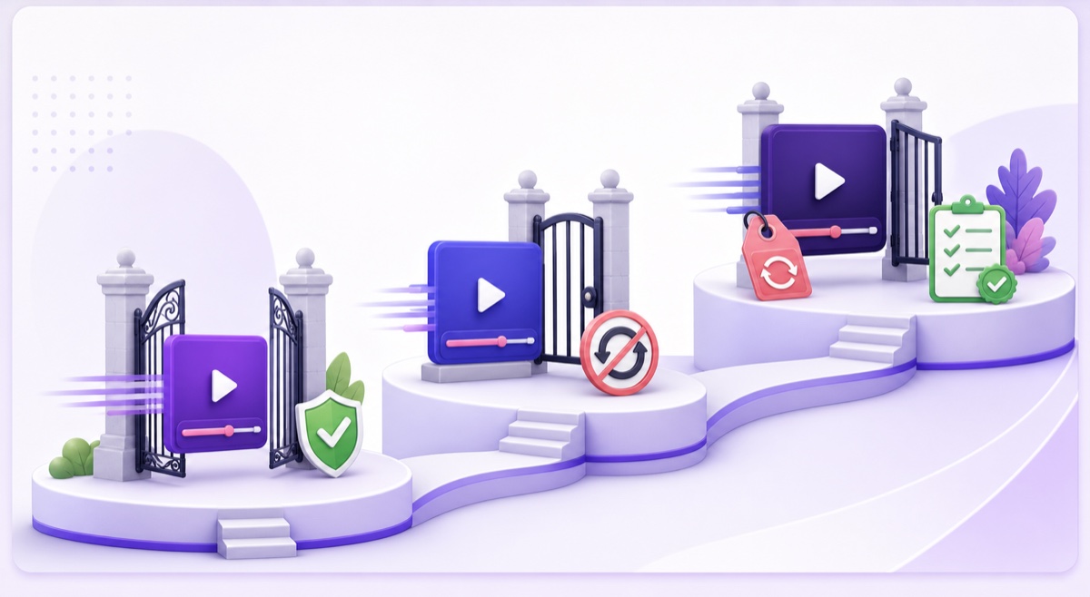 Three-level illustration showing different policy gates for pre-recorded streams on YouTube, Facebook, and Twitch