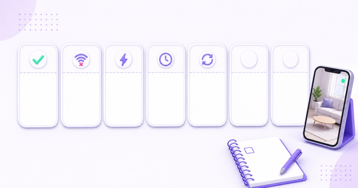 Seven-card weekly log for recording Wi-Fi, power, delay, and restart interruptions during a home stream test