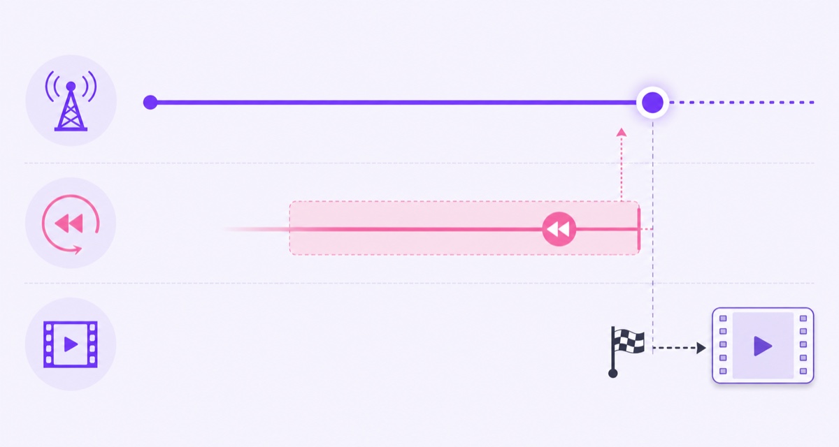 Diagram separating the live broadcast timeline, rolling DVR rewind window, and post-stream video archive