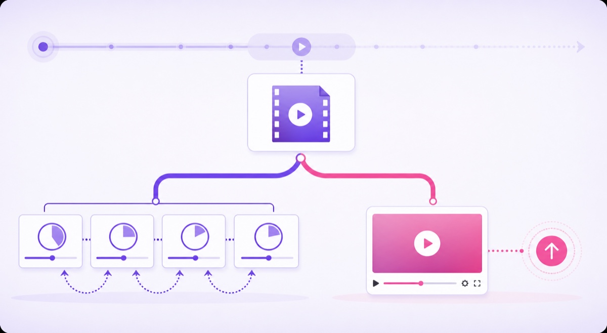 Decision diagram showing a master video branching into shorter broadcast cycles or a separate standard video upload