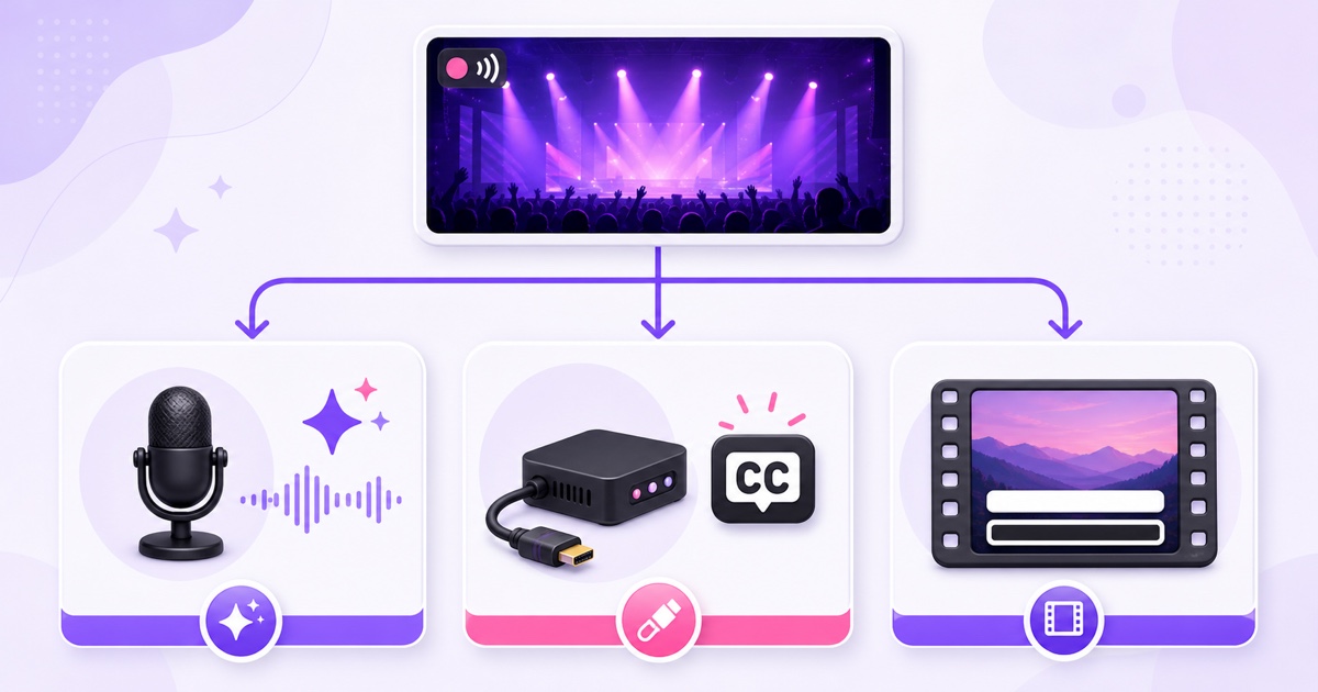 Three caption routes for a live stream: automatic speech recognition, professional caption ingestion, and captions burned into the video