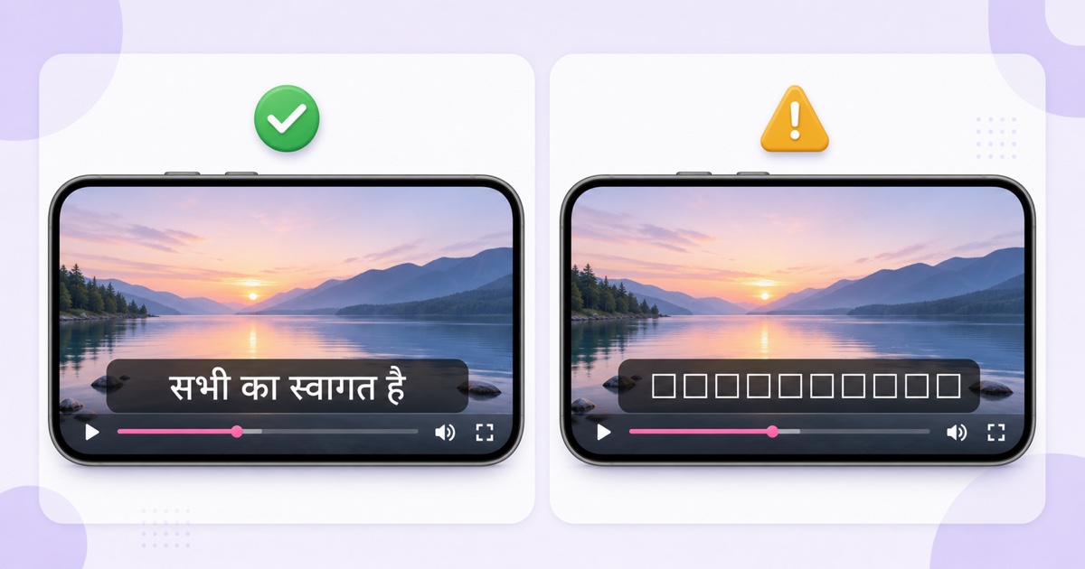 Correct Hindi caption rendered in Devanagari beside a missing-font failure shown as empty square glyphs
