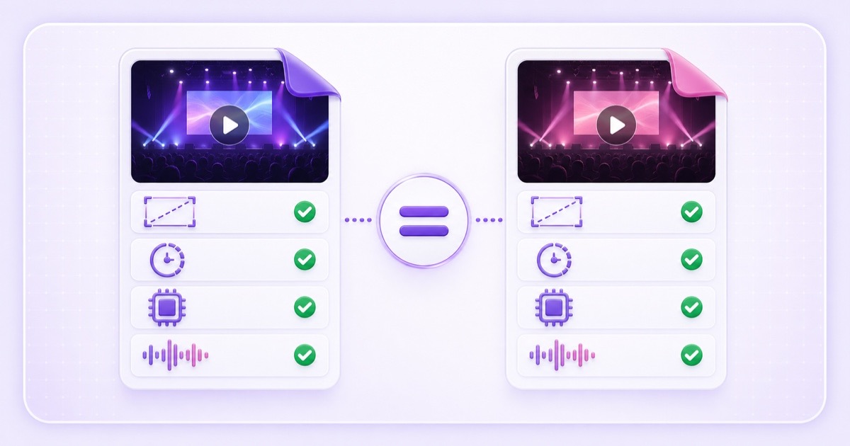 Two video files with matching resolution, frame rate, codec, and audio settings before a live swap