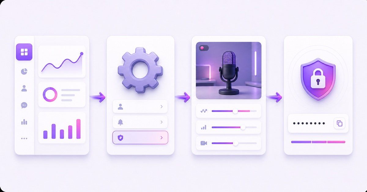 Illustration of the Creator Dashboard, Settings, Stream, and masked stream key path
