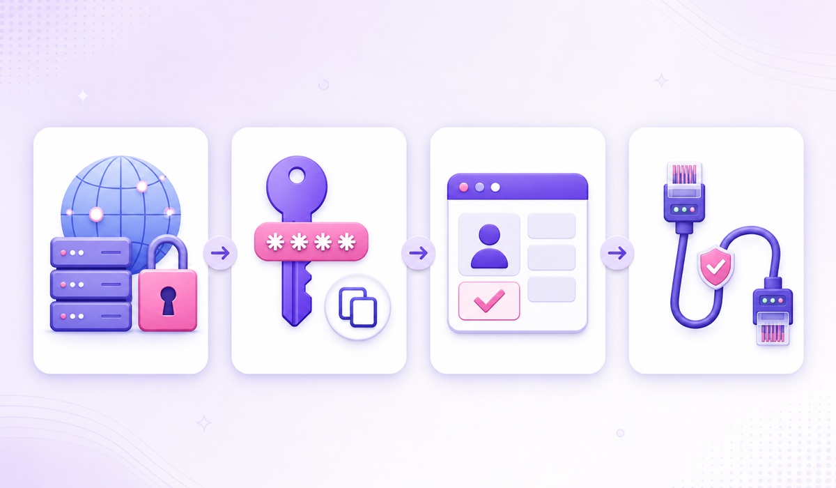 Four-part preflight checklist showing a secure server, masked key, correct Page, and protected connection