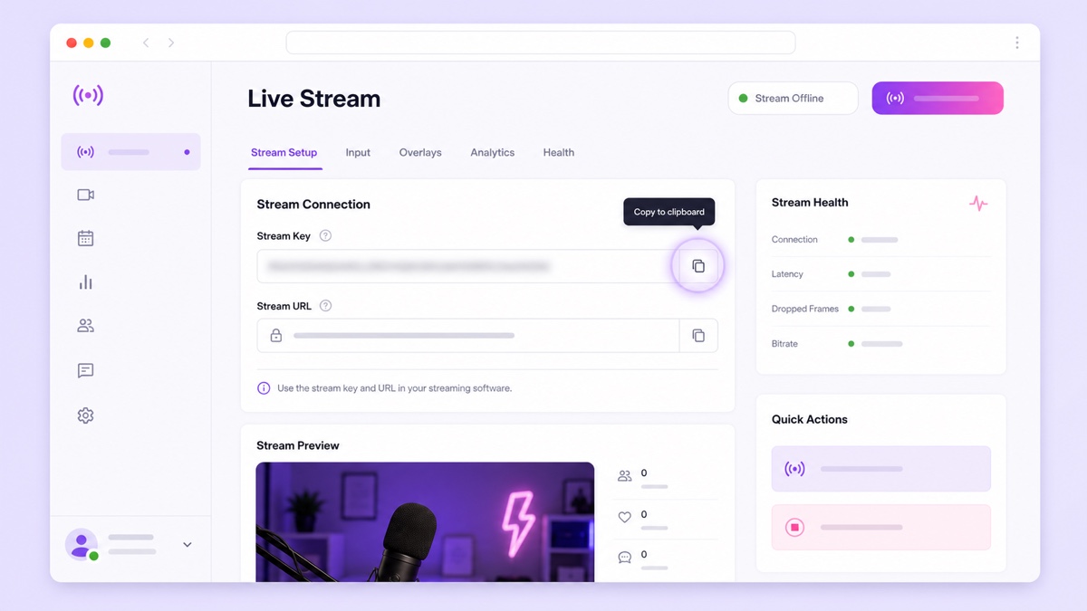 Illustration of a live stream settings panel with the stream key blurred and the copy button highlighted