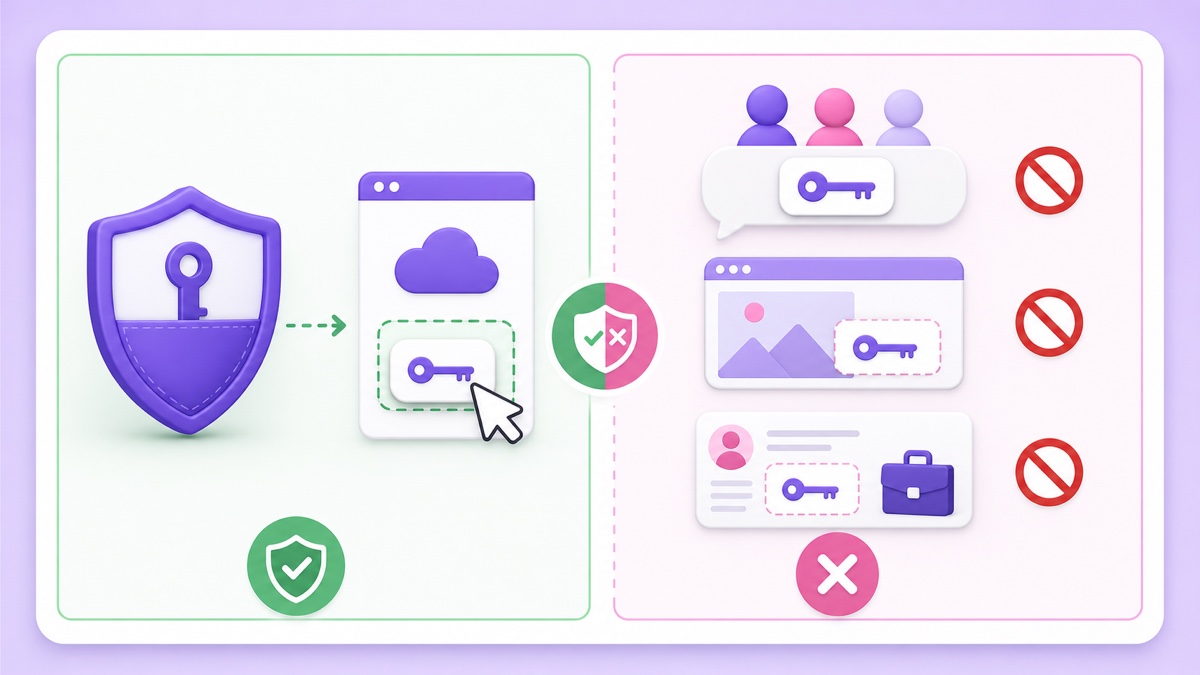 Do and don't illustration showing a stream key protected in a trusted service and blocked from chats, screenshots, and briefs