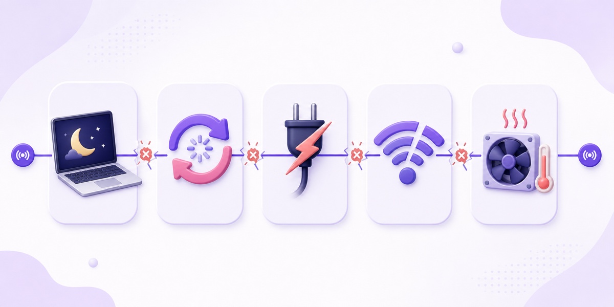 Five home streaming risks: laptop sleep, restart, power loss, Wi-Fi failure, and overheating