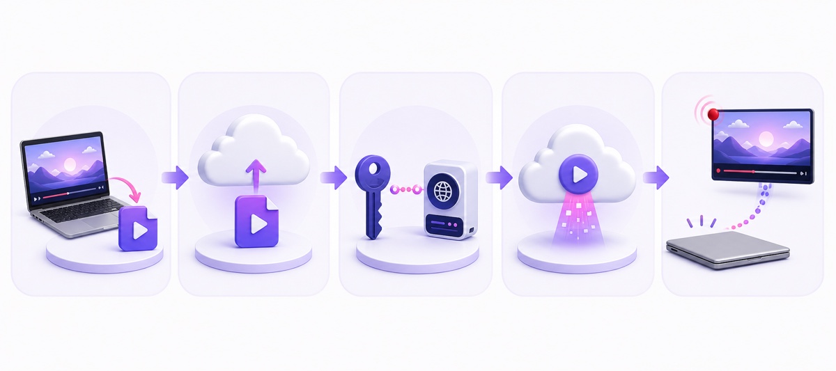 Five-step flow from exporting and uploading a video to cloud encoding while the laptop stays closed