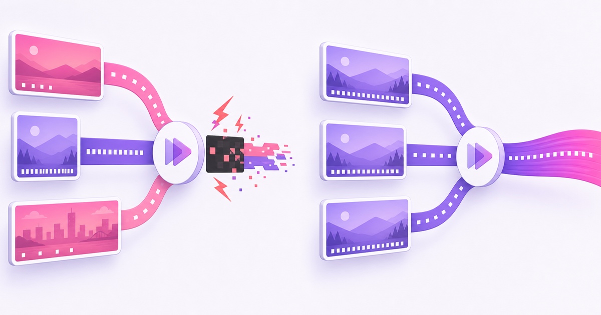 Diagram contrasting mismatched video files that cause a transition glitch with matched files that create a smooth stream
