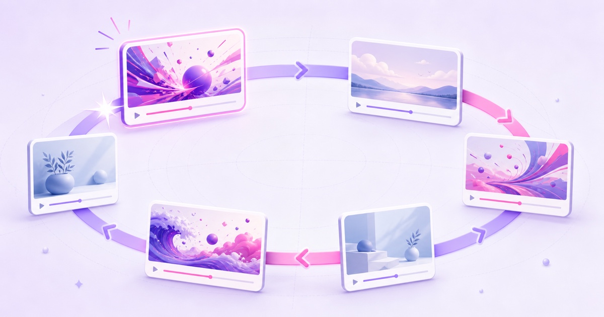 Six video cards arranged in a continuous playlist loop with alternating energetic and calm segments