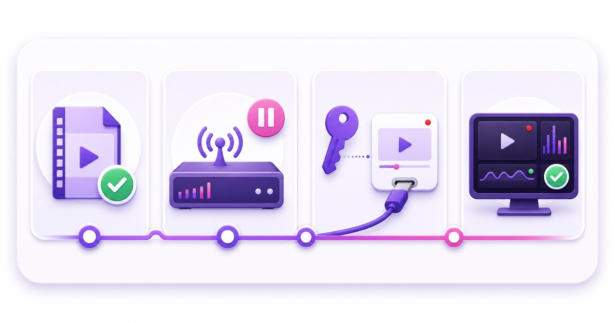 Four-step safe restart strip: prepare, pause output, reconnect the same key, and verify health
