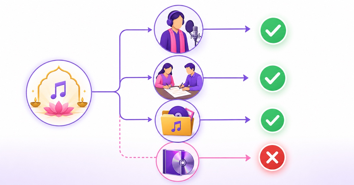 Decision flow showing own recordings, written permission and licensed devotional catalogues as safe sources, while unlicensed commercial recordings are rejected