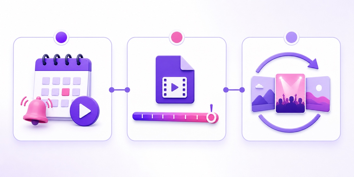 Three live countdown approaches: platform scheduling, a one-pass rendered timer, and a timeless teaser loop