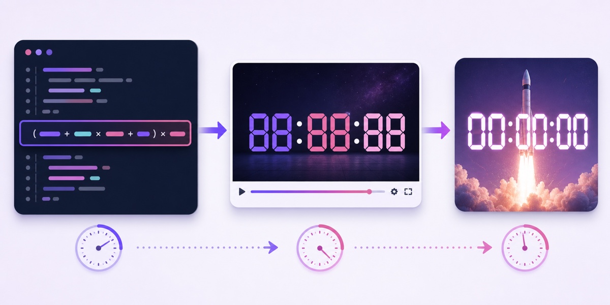 FFmpeg countdown pipeline from a highlighted time expression to a rendered timer and the zero-hour launch