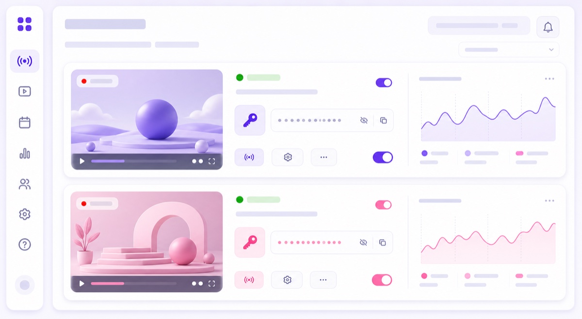 Conceptual live control dashboard showing two separate broadcasts with masked stream keys