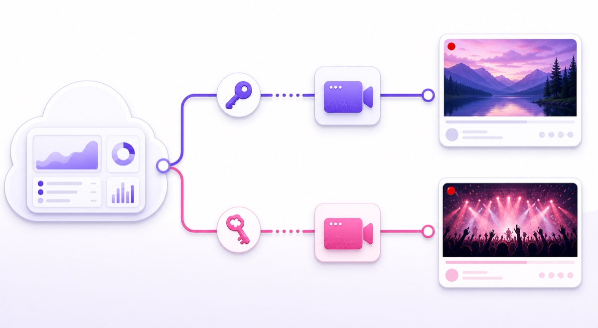 Diagram of two cloud streaming slots using separate keys to reach separate live watch pages