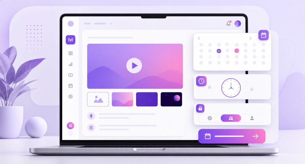 Generic live-stream scheduling dashboard with video, calendar, time, and visibility controls