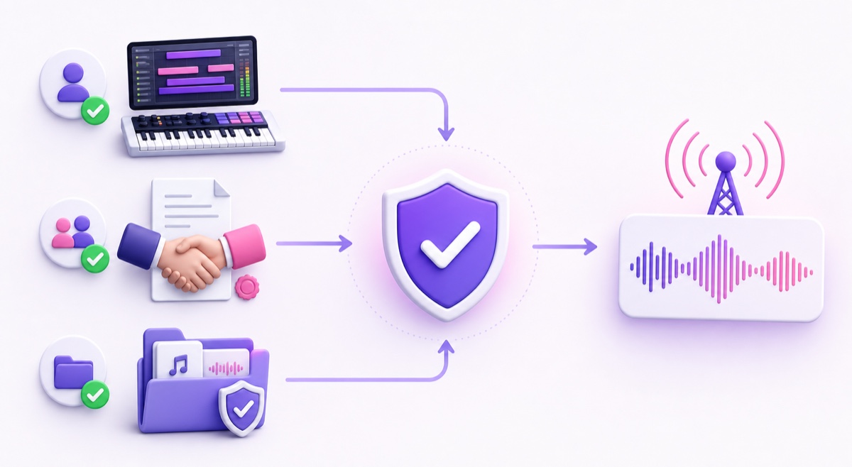 Three safe music sources—owned, commissioned, and licensed—flowing through a rights check into a broadcast