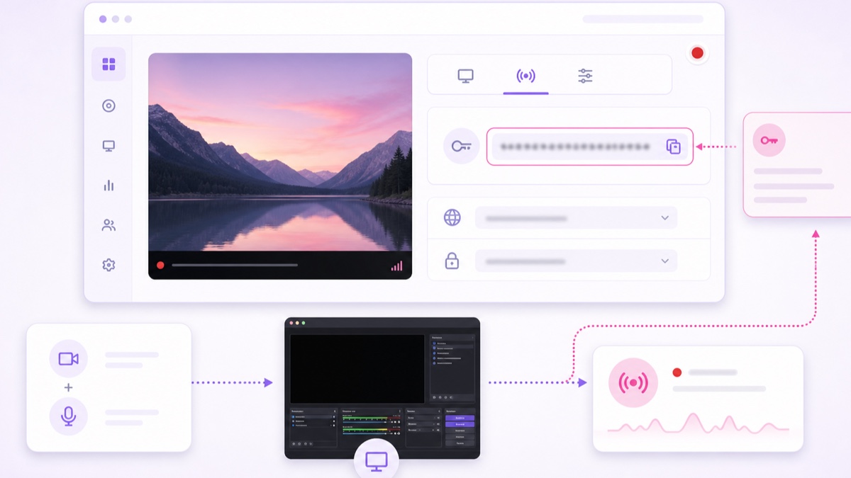 Illustrated streaming setup with a securely obscured stream key connecting an encoder to a live broadcast