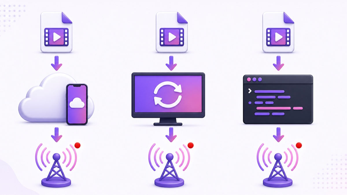 Three paths from a video file to a live broadcast using cloud, desktop, or terminal tools