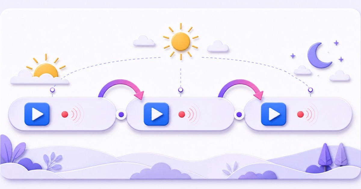 Timeline showing three clean Facebook Live broadcast cycles across a 24-hour day