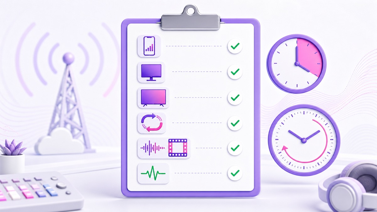 Live stream test scorecard covering phone, desktop, TV, loop seam, audio sync, and stream health