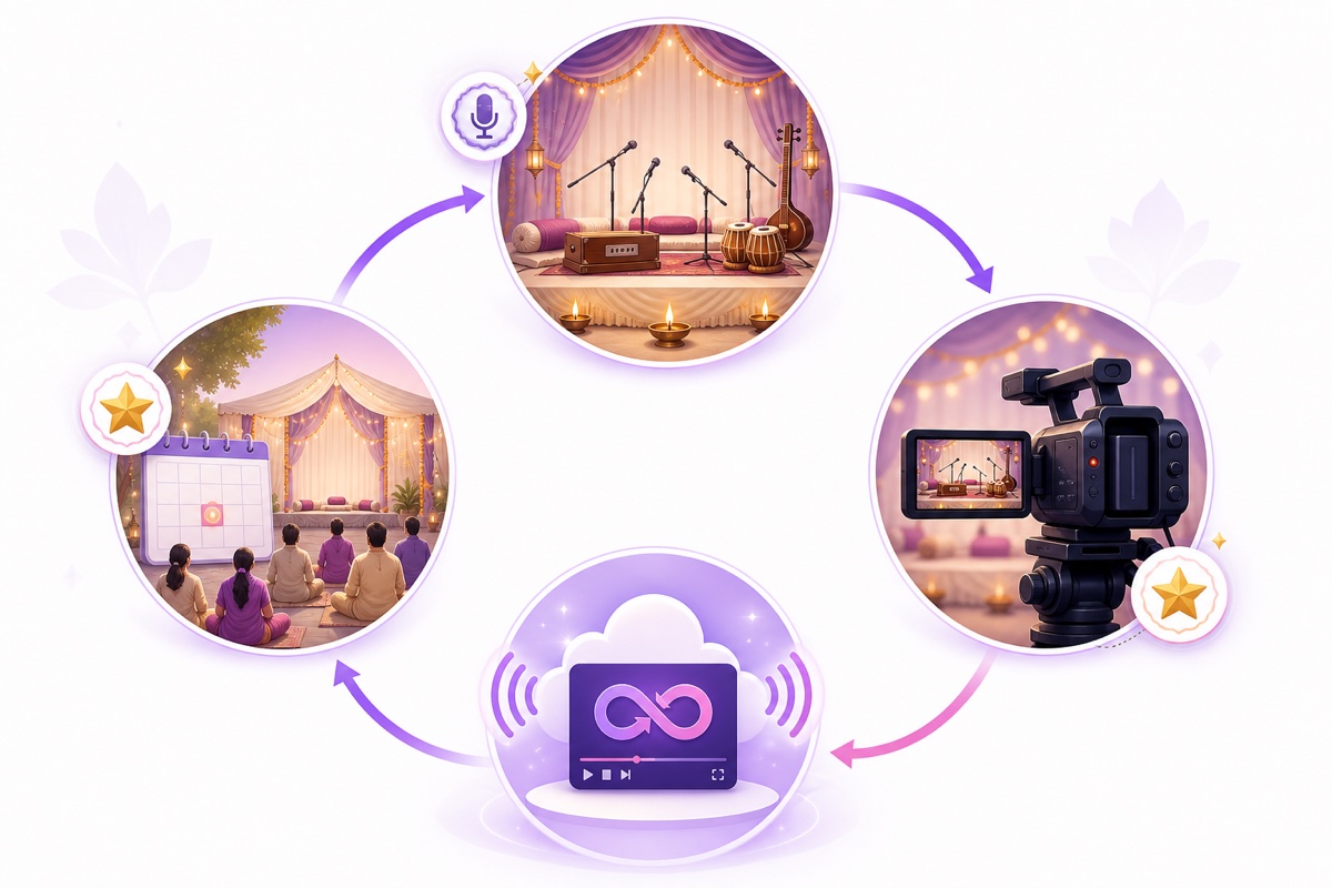 Event-to-channel flywheel showing a devotional stage, recording, continuous cloud broadcast, and promotion of the next gathering