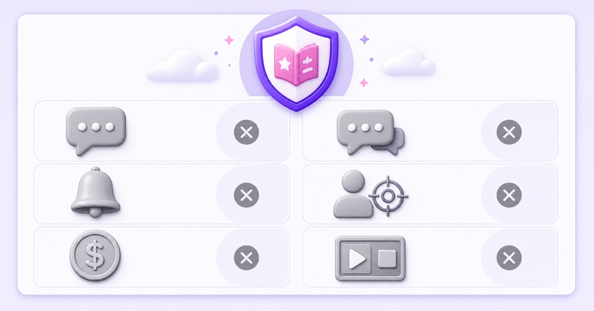 Icon table showing comments, chat, notifications, personalized ads, donations, and end-screen tools switched off for Made for Kids streams