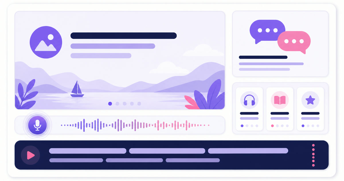 English lesson segment template with a main slide, dialogue panel, audio waveform, vocabulary cards, and a burned-in subtitle band