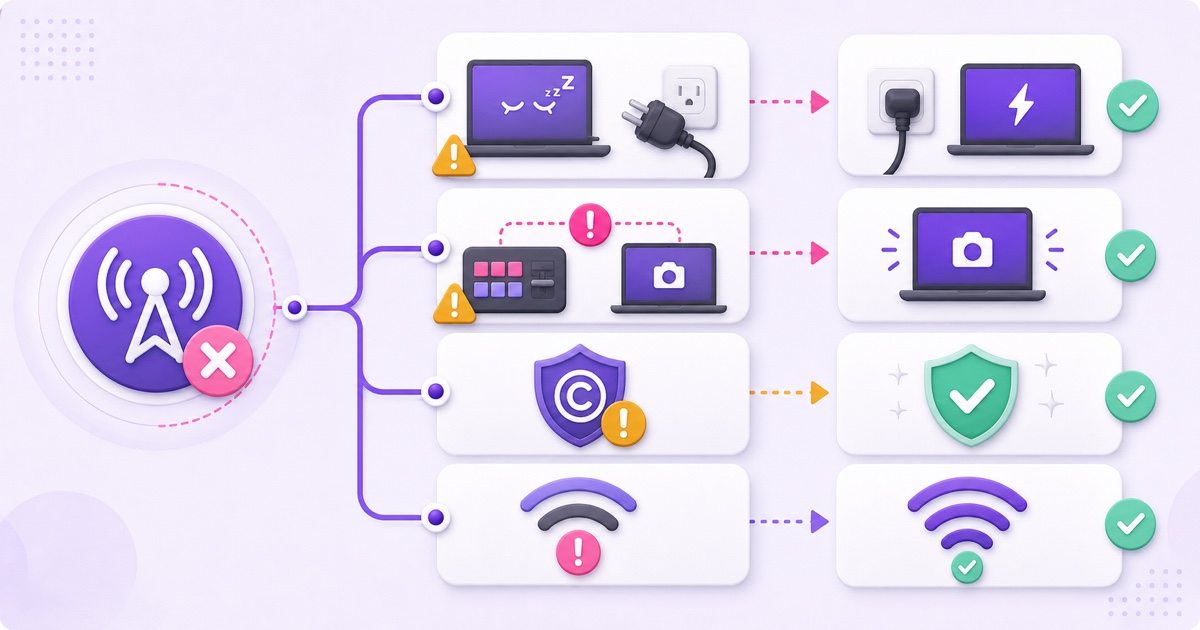 Visual triage map for power, stream-key, copyright, and network causes of an ended live stream