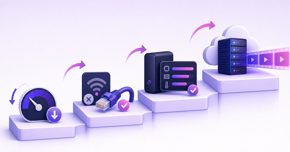 Four-step encoder stability ladder from lower bitrate to wired connection, dedicated machine, and cloud encoder