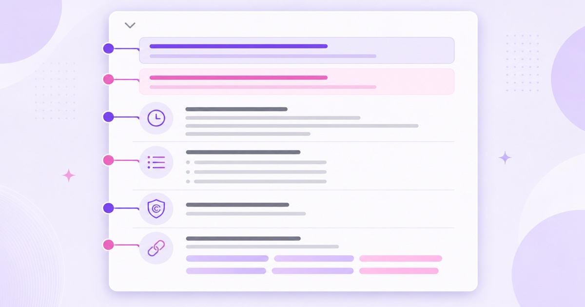 Annotated description layout with opening promise, schedule, content index, credits, and useful links