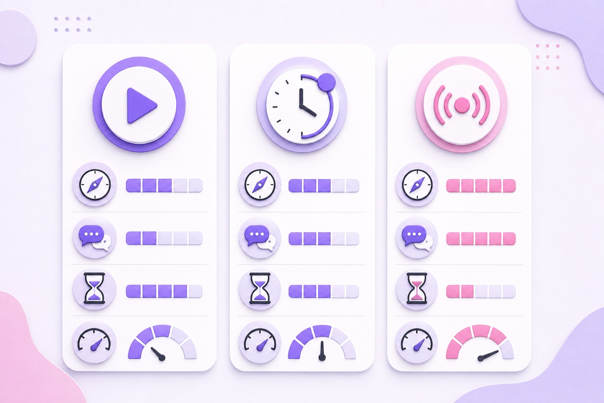Icon-based comparison of upload, Premiere, and live stream across discovery, community, watch time, and effort