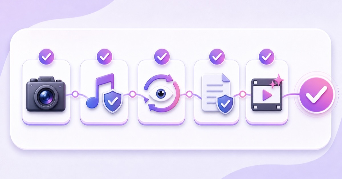 Five-point audit for original footage, music rights, replay labels, policy history, and eligible video