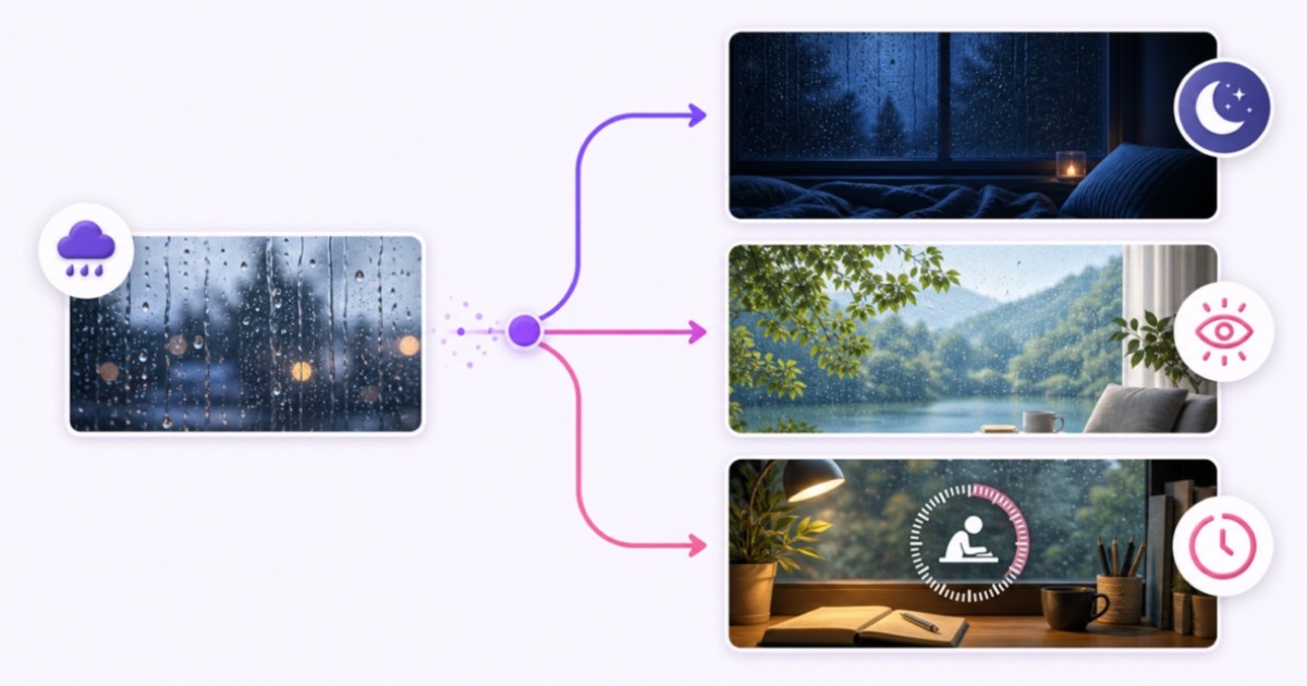 One rain footage library branching into distinct sleep, ambience, and study video products