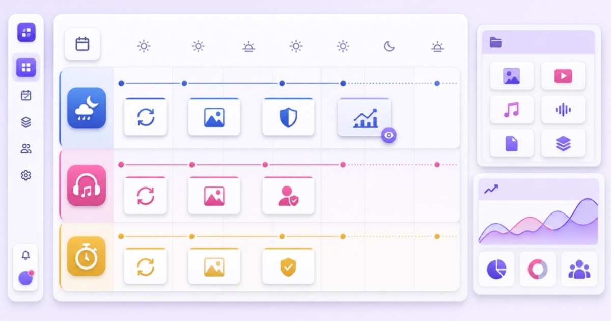 Icon-based weekly operations board for three niche channels with shared library and analytics panels