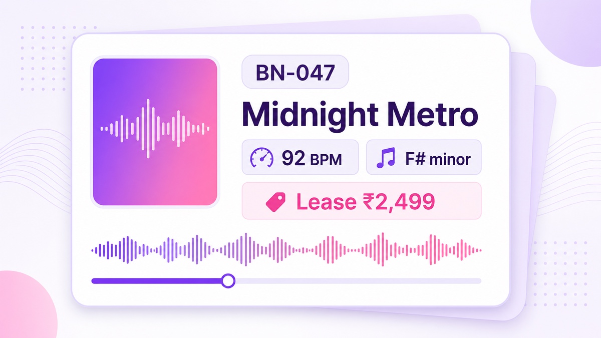 Beat radio overlay showing a beat ID, name, BPM, key, lease price, and waveform