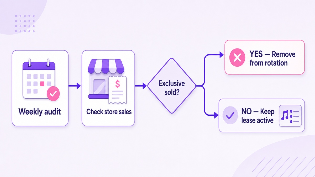 Flowchart for checking store sales and removing exclusively sold beats from a radio rotation