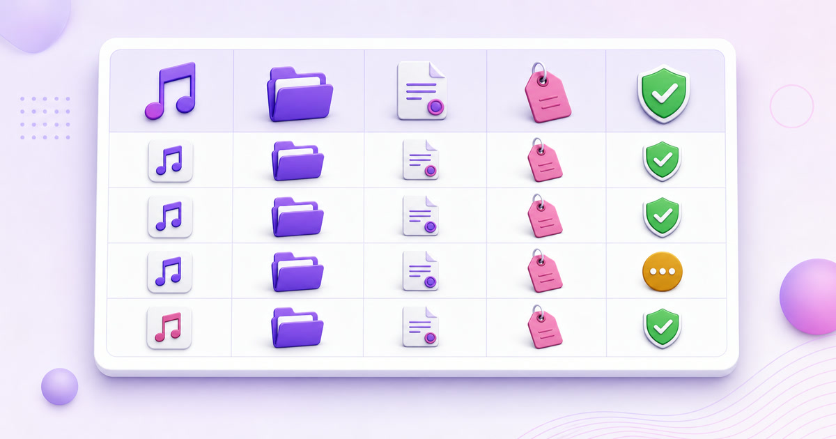 Five-column cleared-music ledger with track, source, licence, receipt and approval symbols