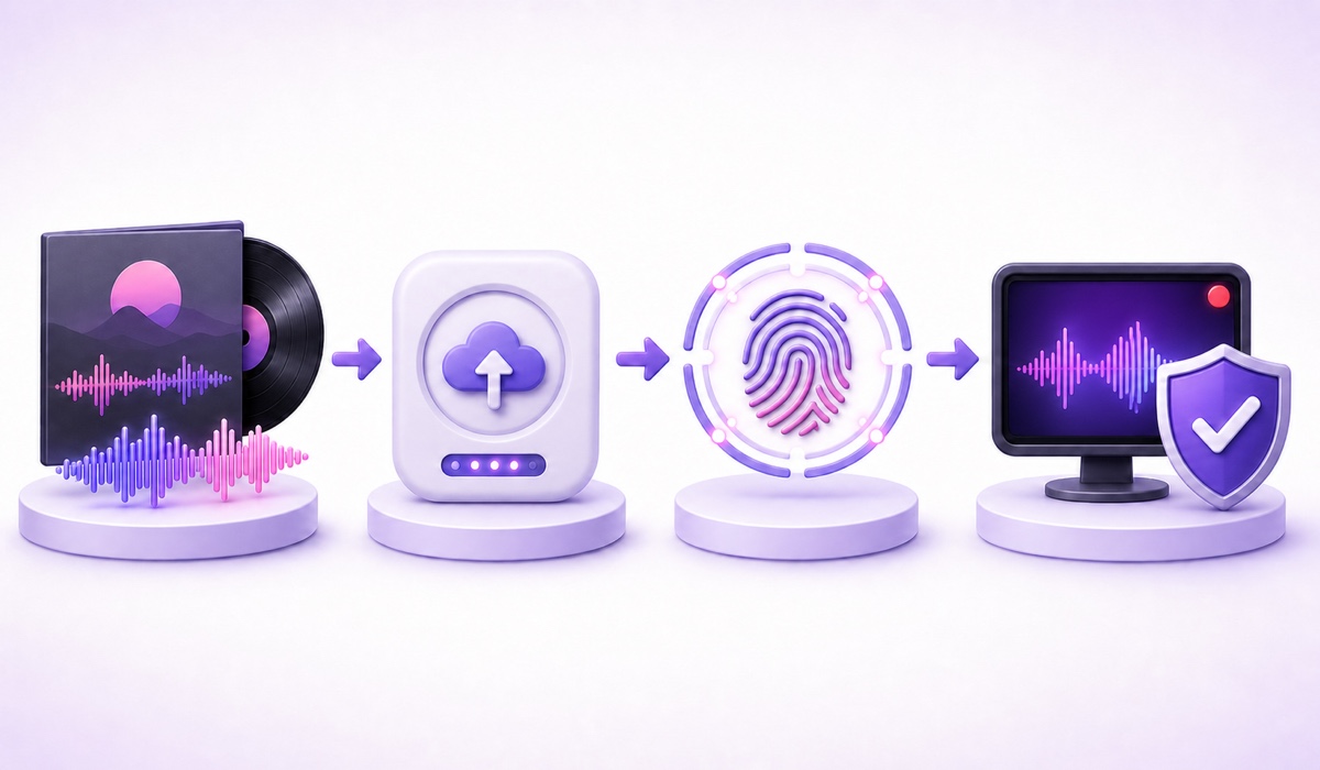 Flow from an artist master through distributor Content ID matching to an allowlisted live stream