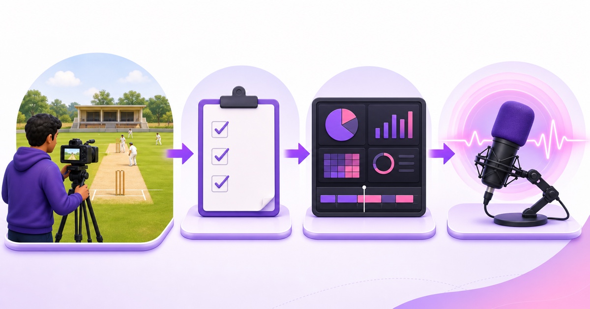 Local cricket channel workflow from authorised filming and consent to original statistics and cricket-talk broadcasting