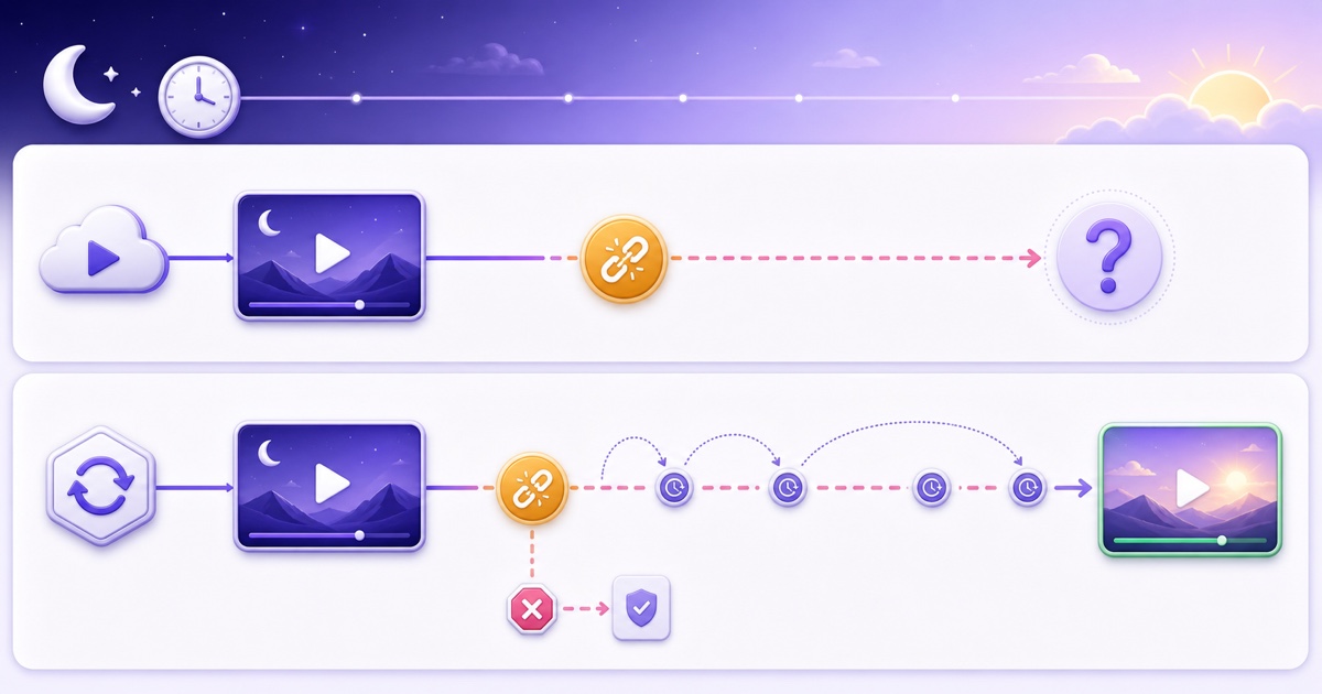 Night-to-morning timeline showing a dropped stream, backoff retries, successful recovery, and safe handling of an invalid key
