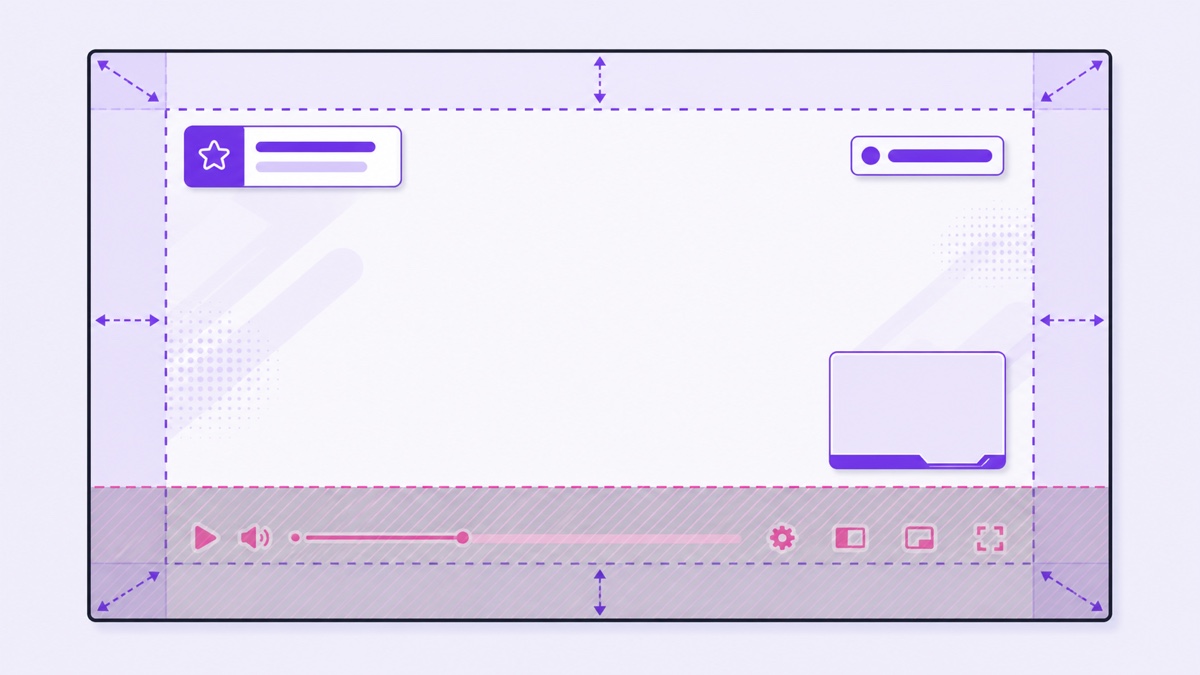 Safe-area map for a 16:9 live stream overlay with a shaded player-controls zone
