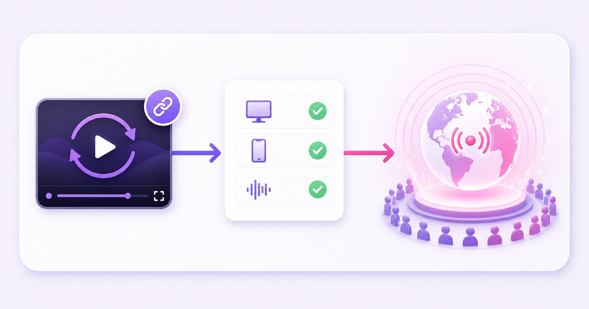 Three-stage flow from an unlisted loop through device and audio checks to a public live audience