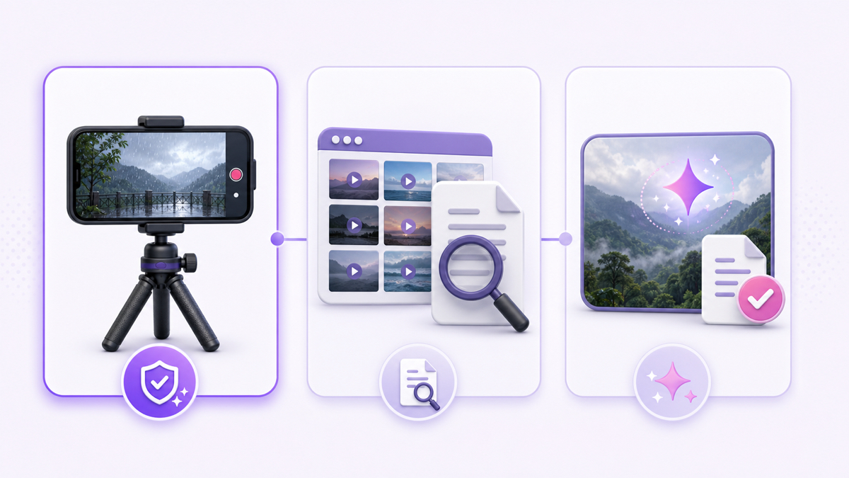Three ways to source ambience footage: an original phone recording, licensed stock video, and an AI-generated scene