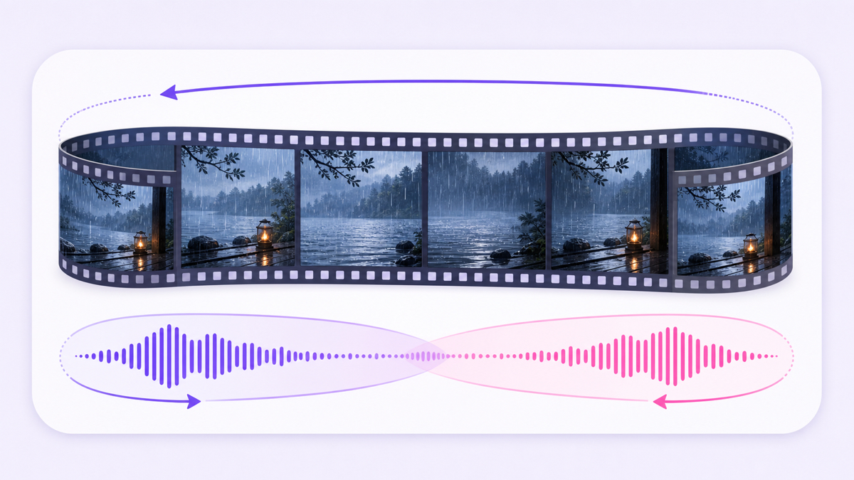 A rain scene filmstrip looping back to a matched opening frame above an audio waveform crossfade